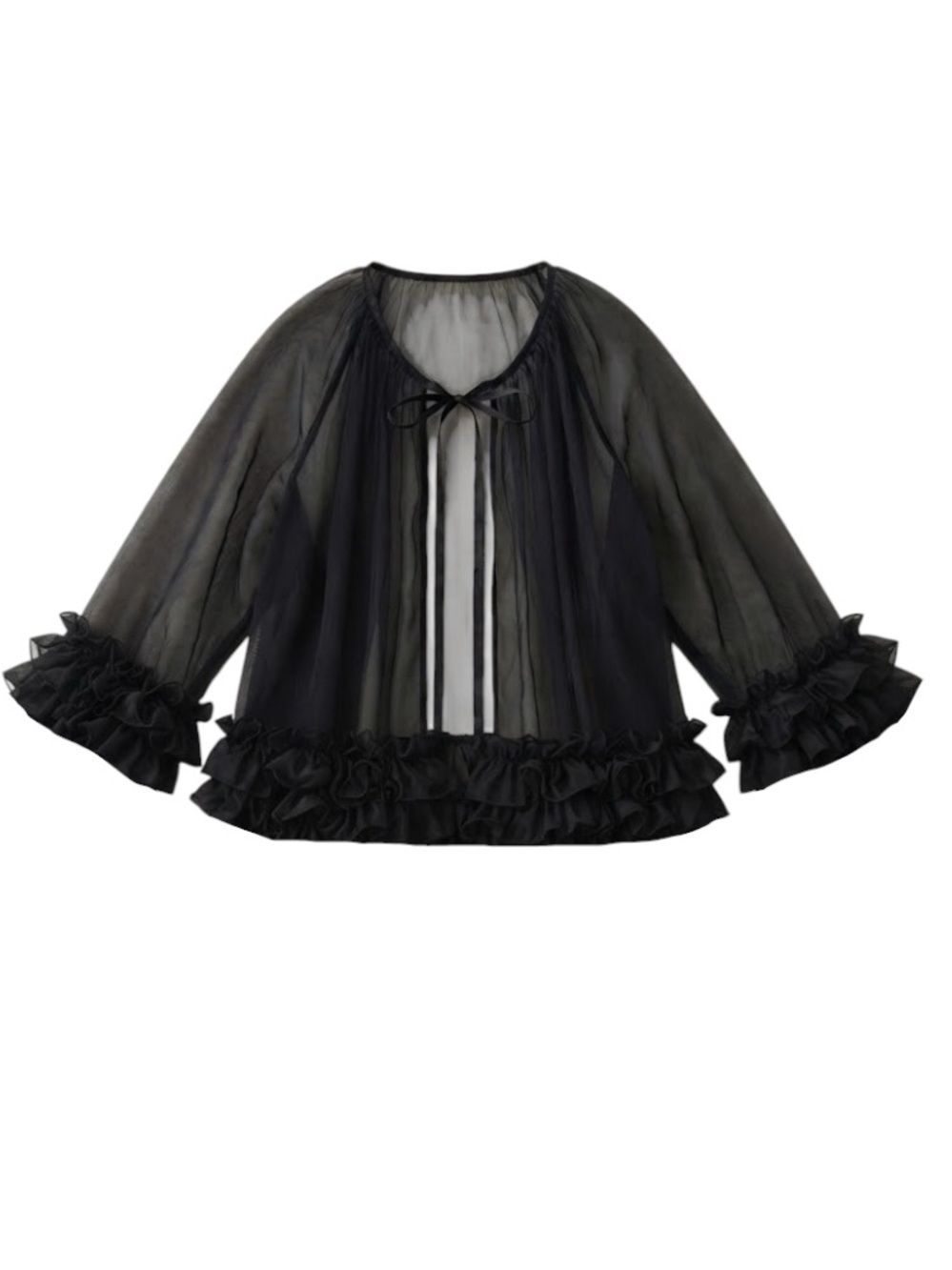Vintage Black Sheer Chiffon Double-Ruffle Cropped Robe / Kimono – S/M